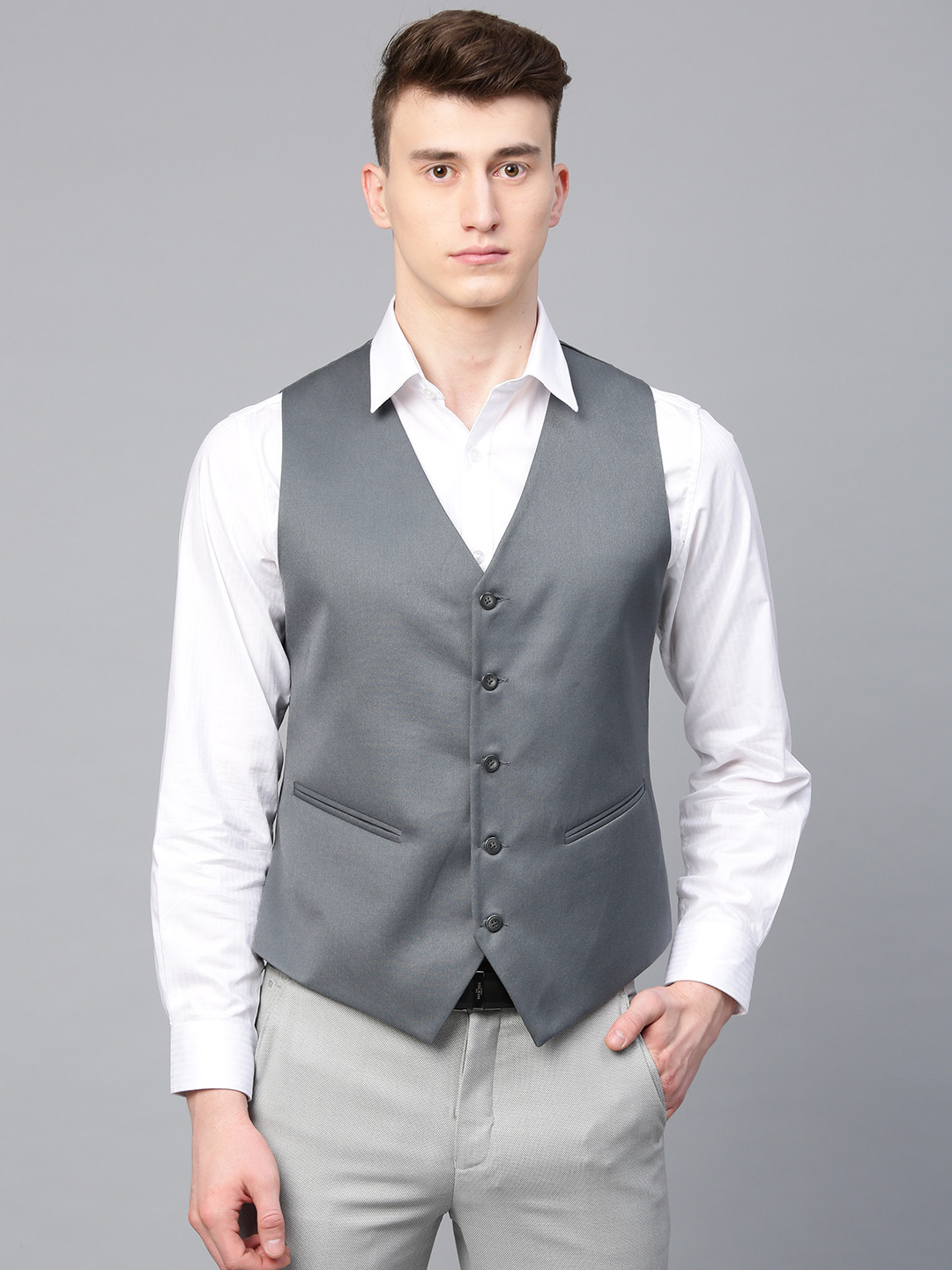 MANQ Men Grey Solid Slim Fit Formal Waistcoat
