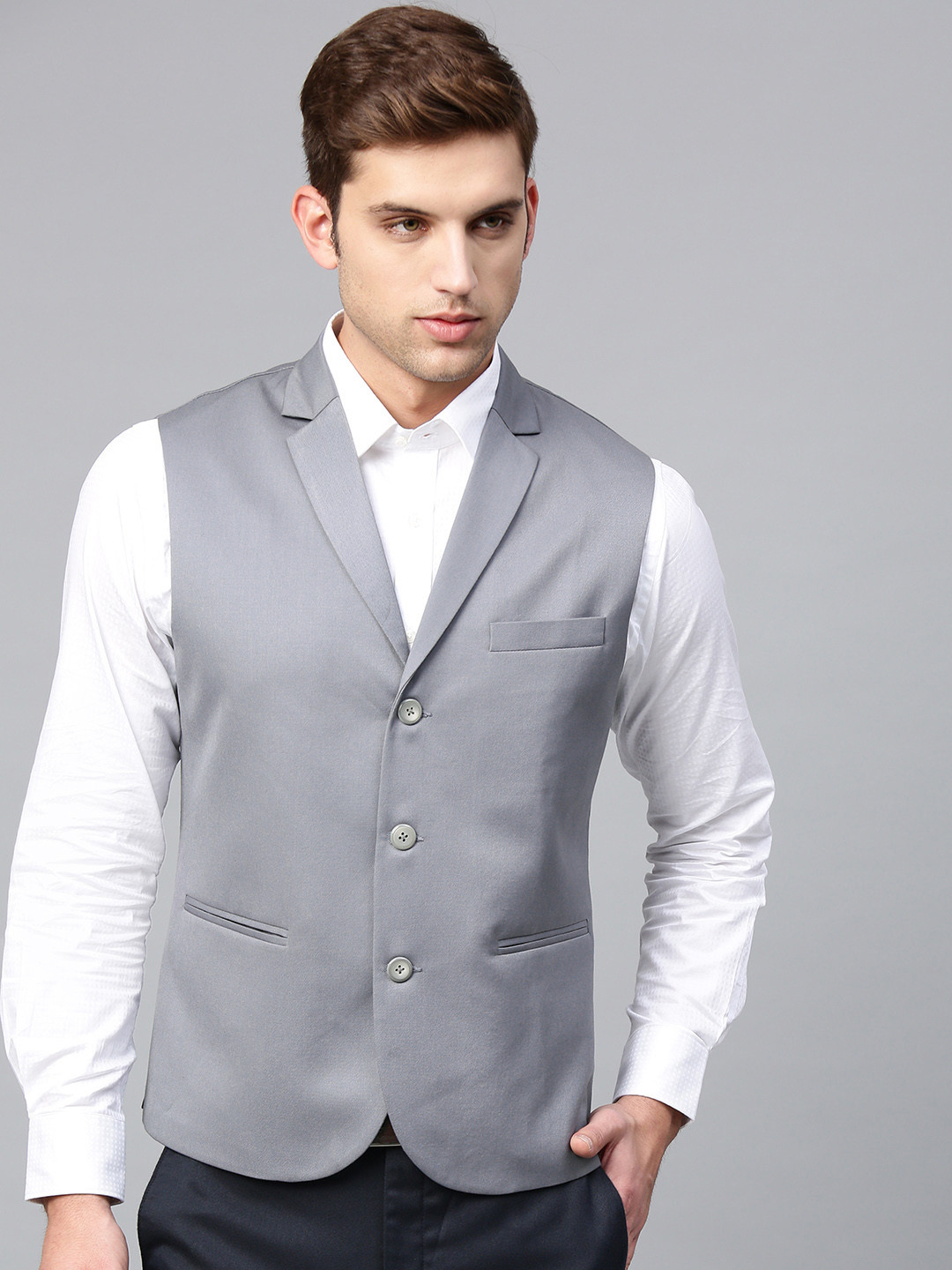 MANQ Men Grey Solid Slim Fit Formal Waistcoat