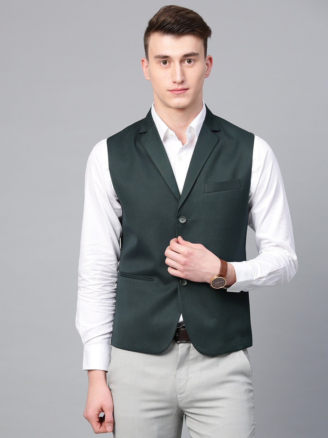 MANQ Men Green Solid Slim Fit Woven Formal Waistcoat