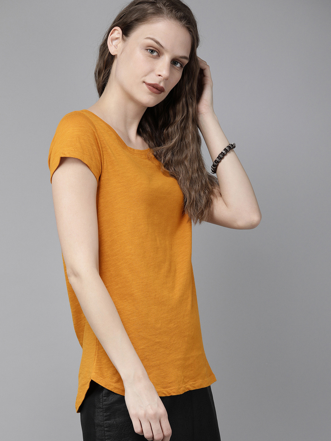 Roadster Women Mustard Yellow Solid Round Neck Pure Cotton T-shirt