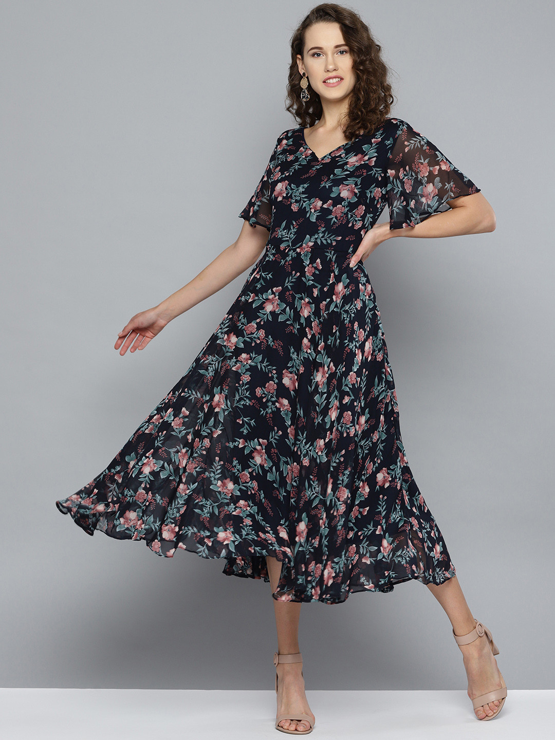 RARE Navy Blue & Pink Floral Printed Fit and Flare Dress