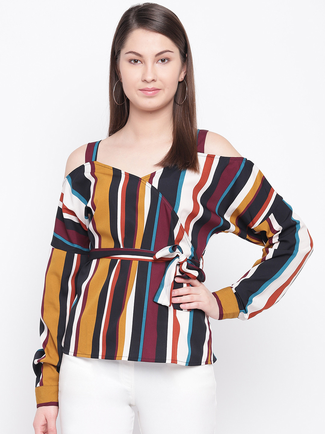 RARE Women Multicoloured Striped Wrap Top