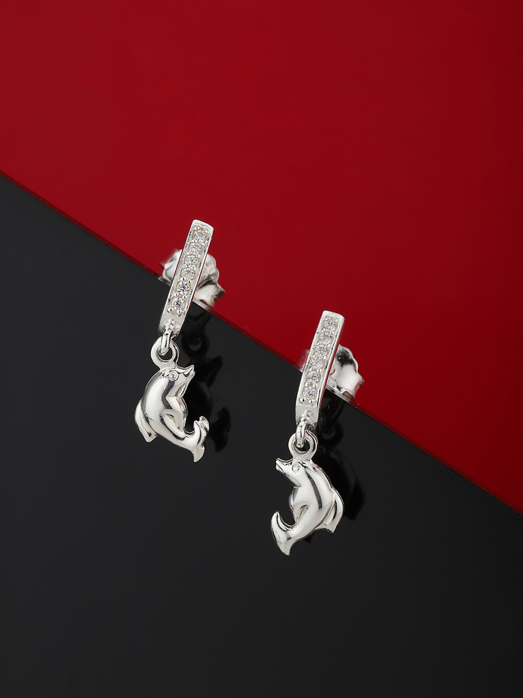 Carlton London 925 Sterling Silver- Rhodium Plated CZ-Studded Dolphin Shaped Drop Earrings