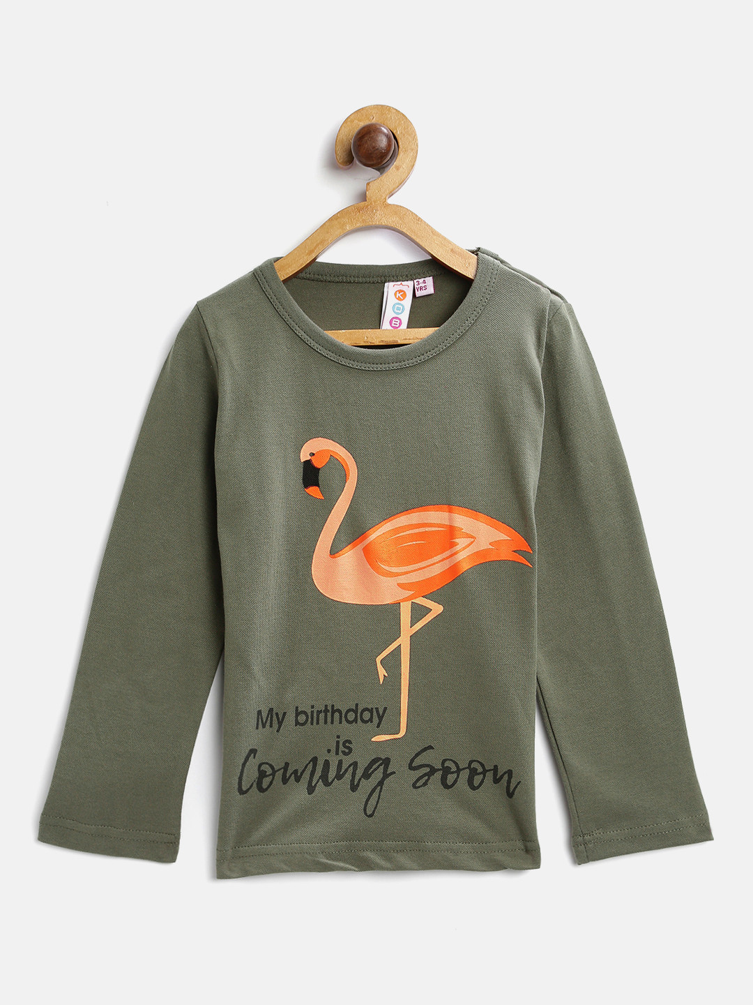 Kids On Board Girls Olive Green Printed Round Neck Pure Cotton T-shirt