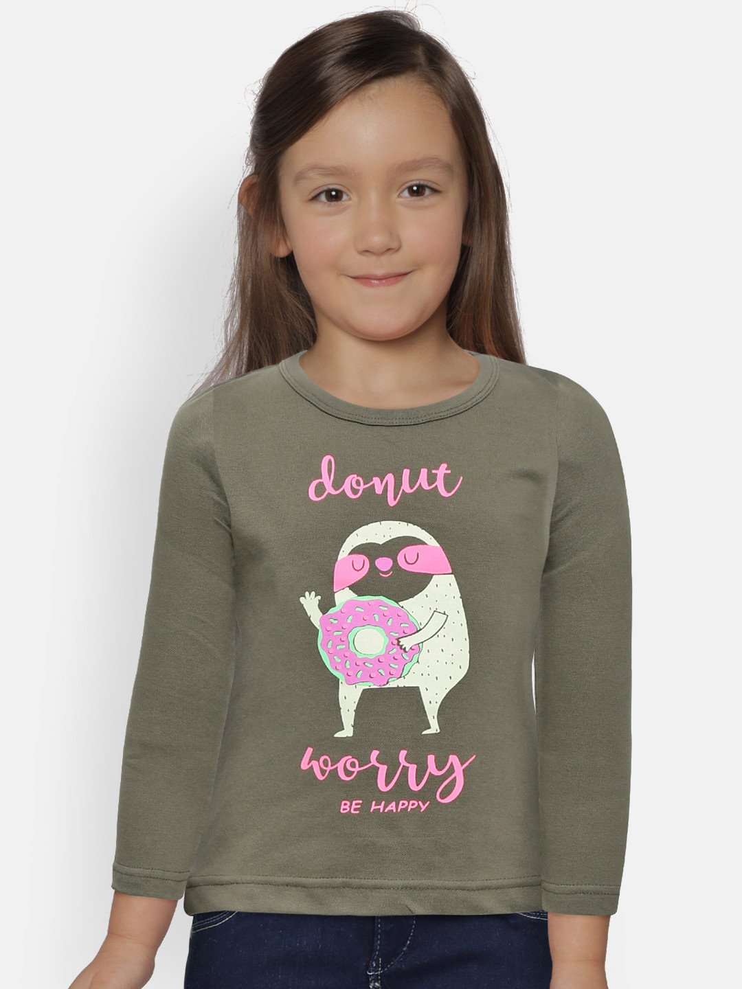 Kids On Board Girls Olive Green Printed Round Neck Pure Cotton T-shirt