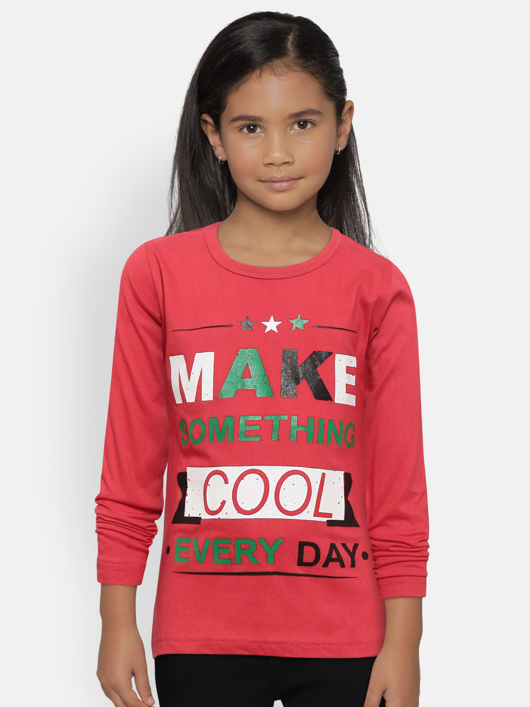 Kids On Board Girls Red Printed Round Neck Pure Cotton T-shirt