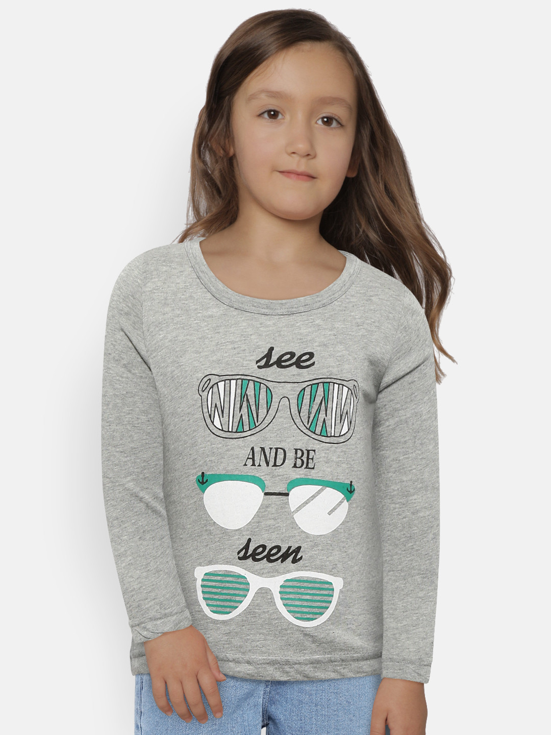 Kids On Board Girls Grey Melange Printed Round Neck T-shirt