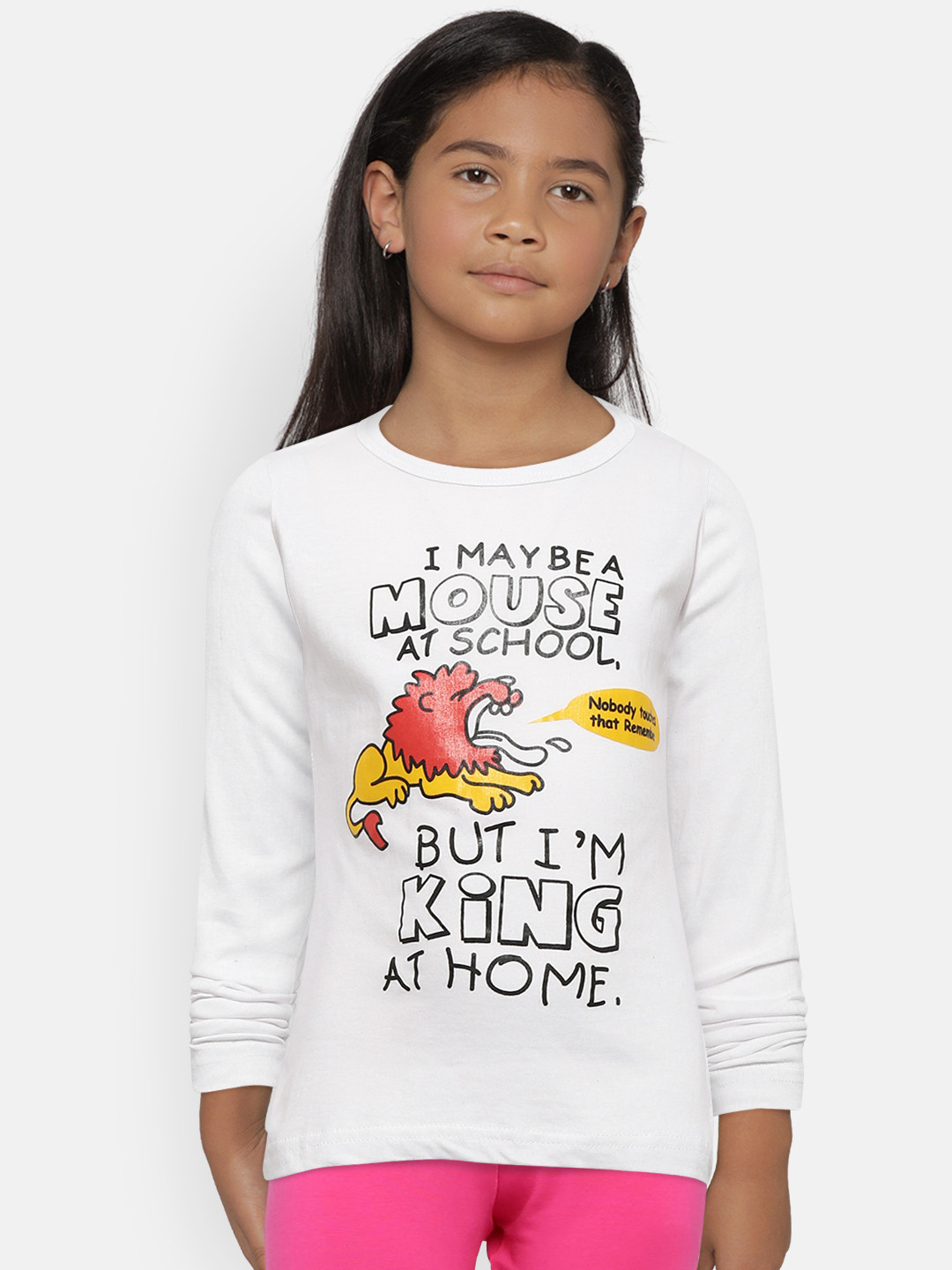 Kids On Board Girls White & Black Printed Round Neck Pure Cotton T-shirt