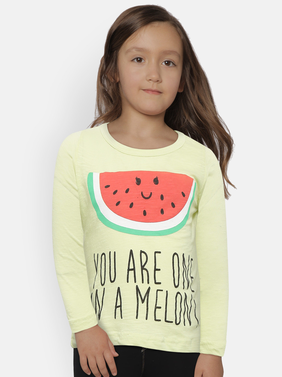 Kids On Board Girls Yellow Printed Round Neck Cotton T-shirt