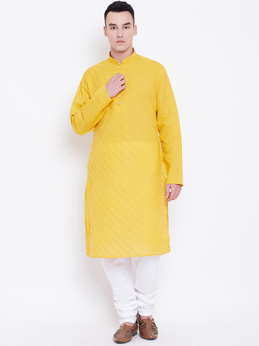 SG LEMAN Men Mustard Yellow & White Solid Kurta with Churidar