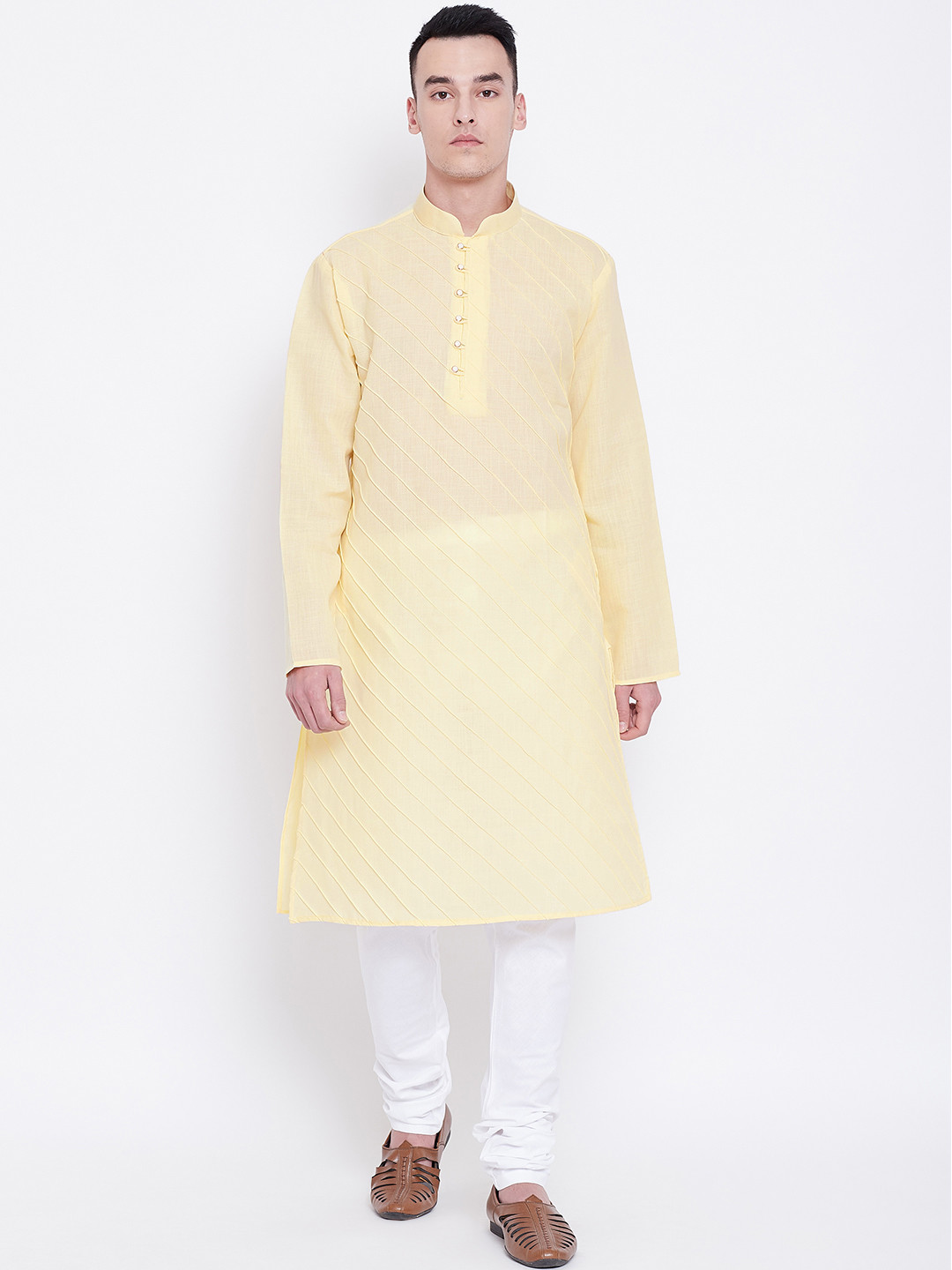 SG LEMAN Men Yellow & White Pintucks Detail Kurta with Churidar