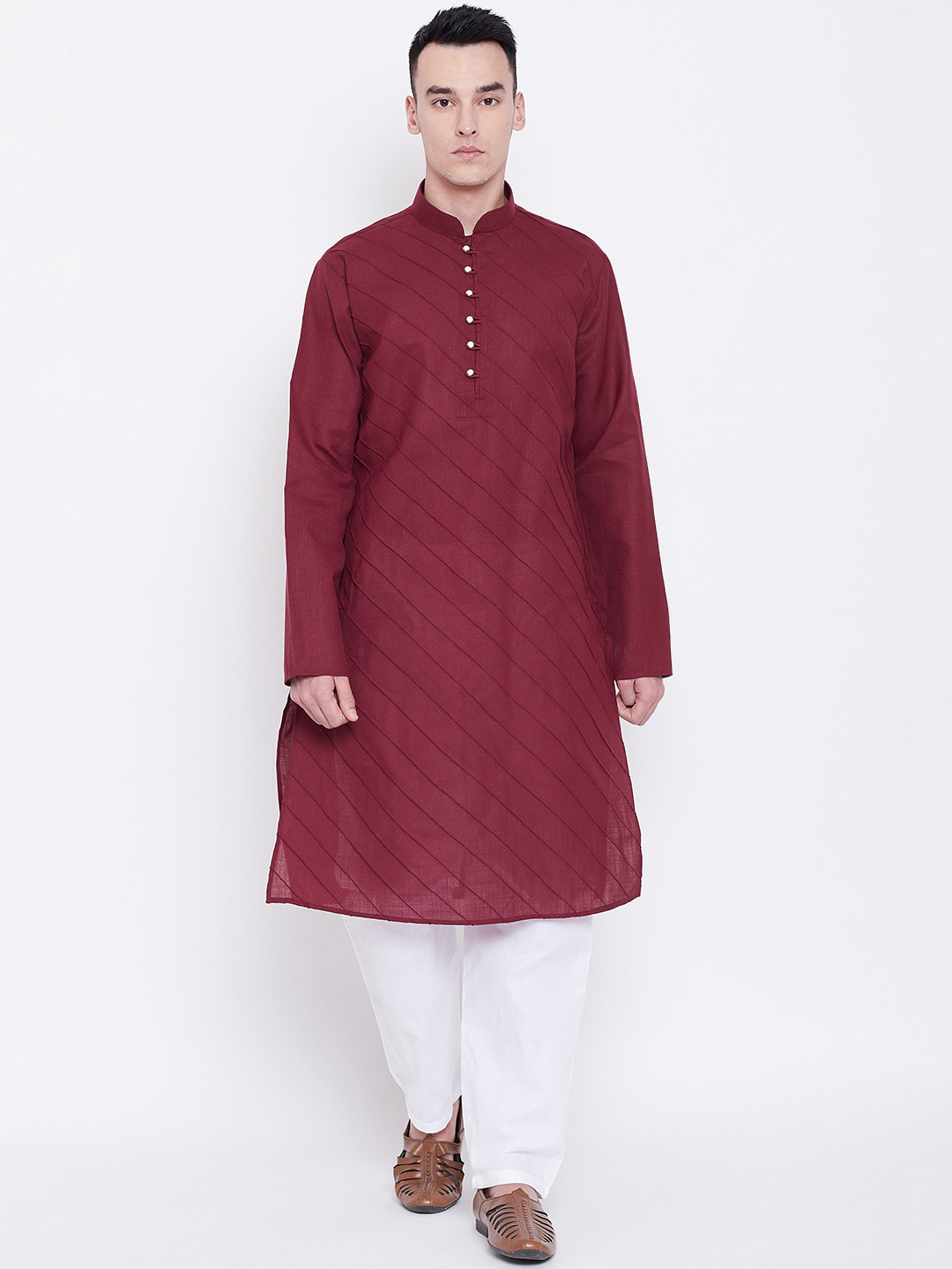 SG LEMAN Men Maroon & White Pintucks Detail Kurta with Churidar