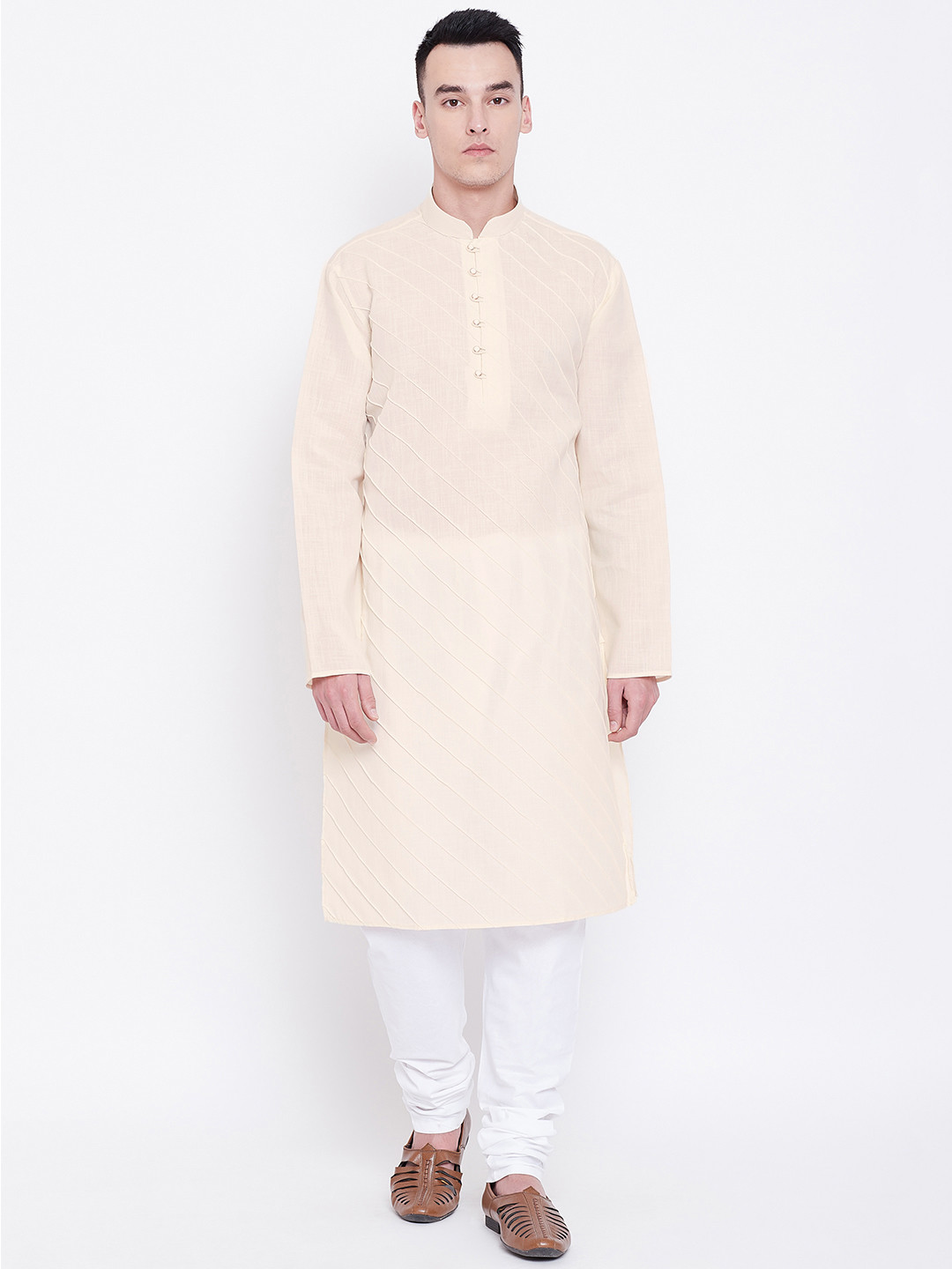 SG LEMAN Men Cream-Coloured & White Pintucks Detail Kurta with Churidar
