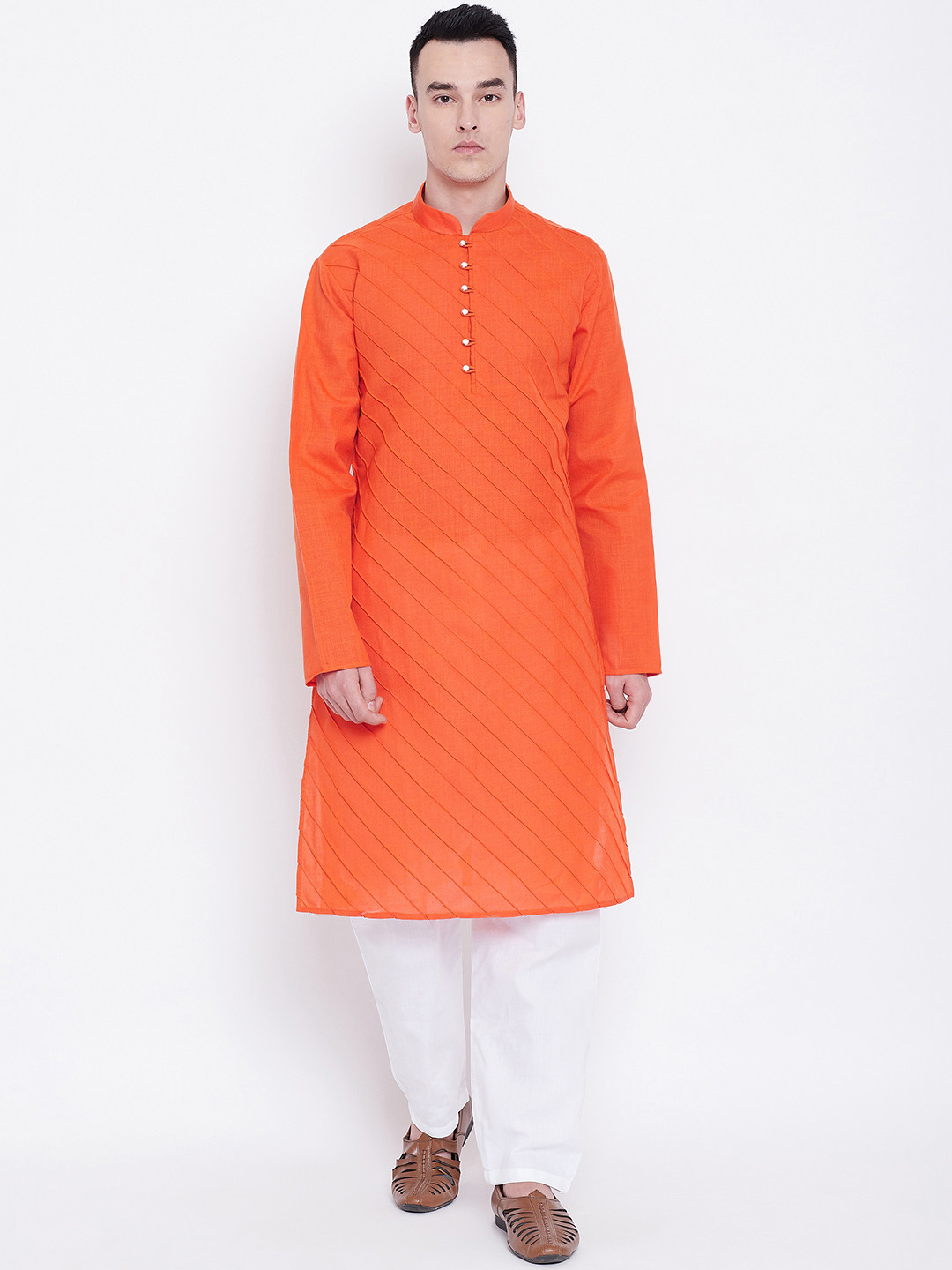 SG LEMAN Men Orange Solid Kurta with Churidar
