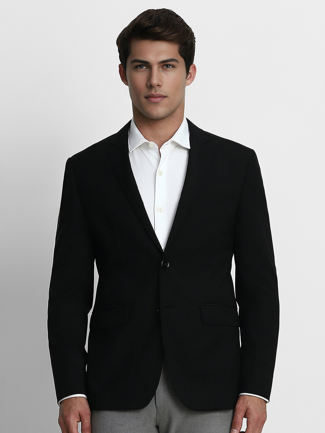 Louis Philippe Permapress Voyagers Men Black Solid Slim Fit Single Breasted Formal Blazer