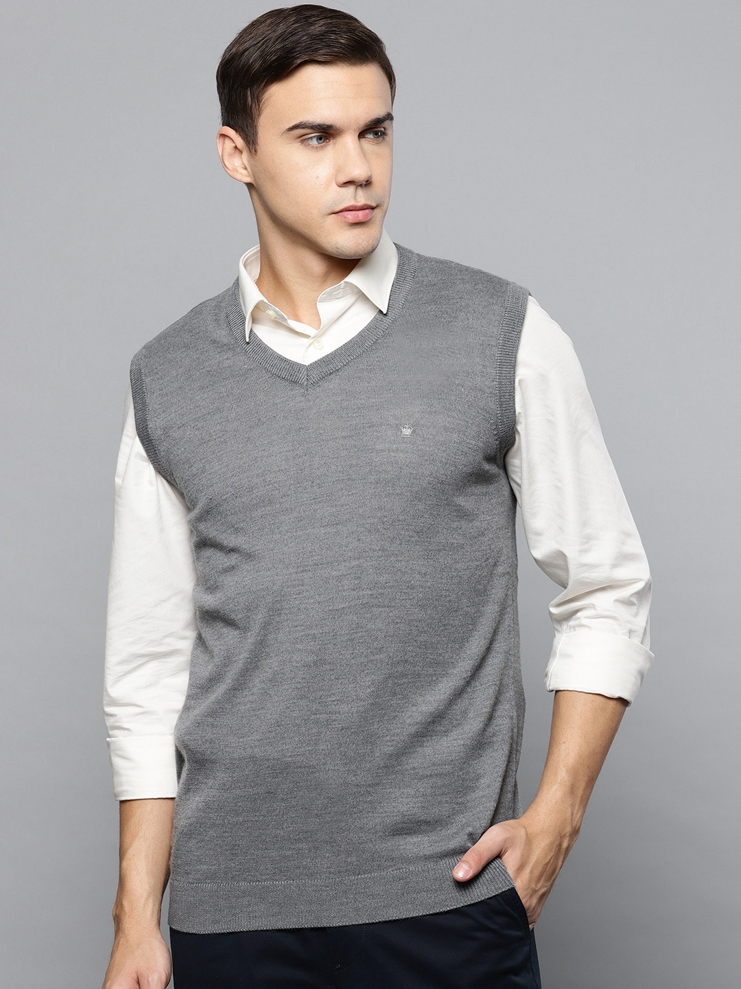 Louis Philippe Men Grey Solid Sweater Vest