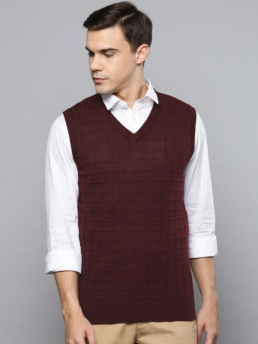 Louis Philippe Men Burgundy Self-Checked Sweater Vest
