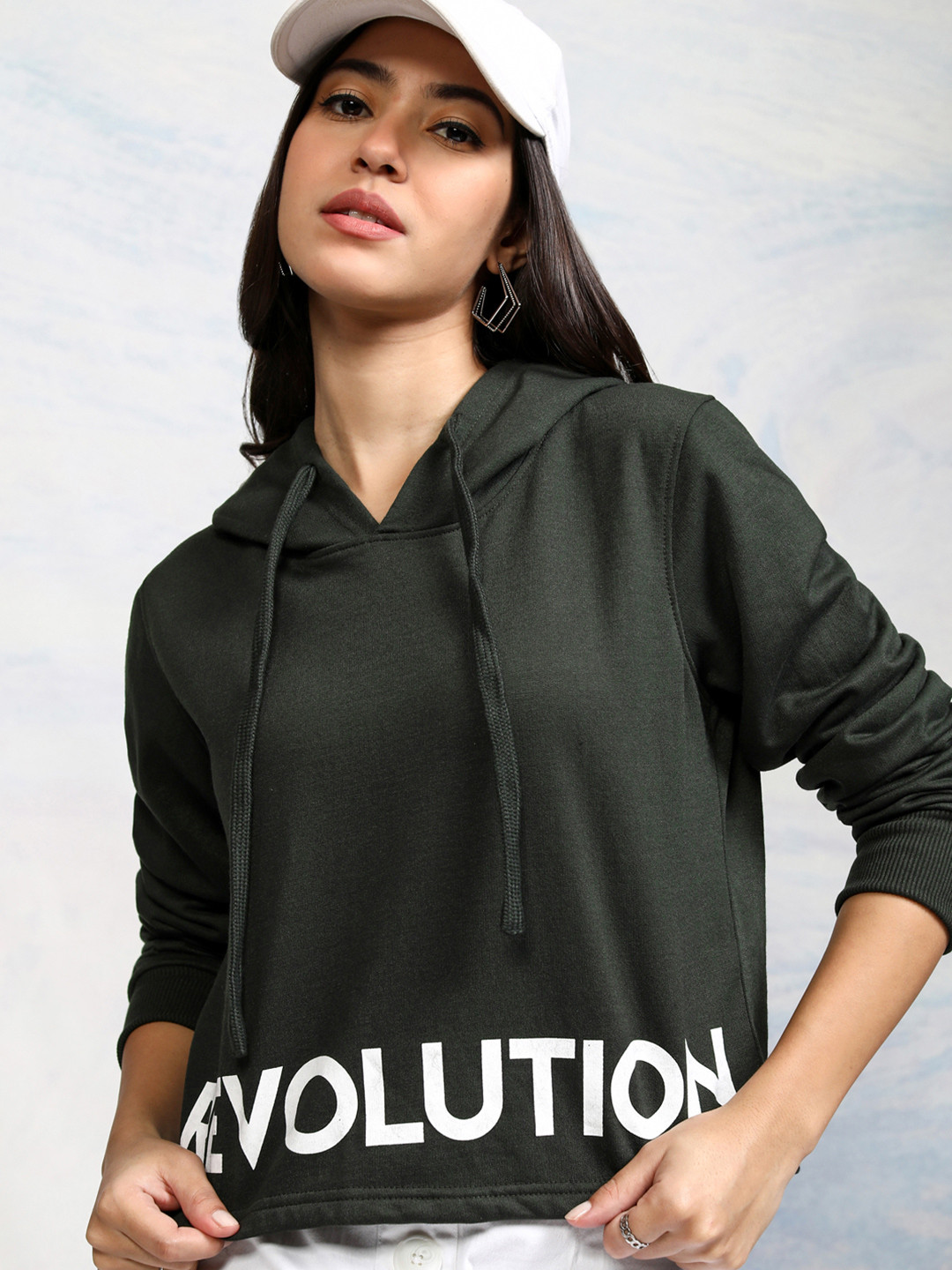 Tokyo Talkies Women Olive Green & White Solid Hooded Sweatshirt