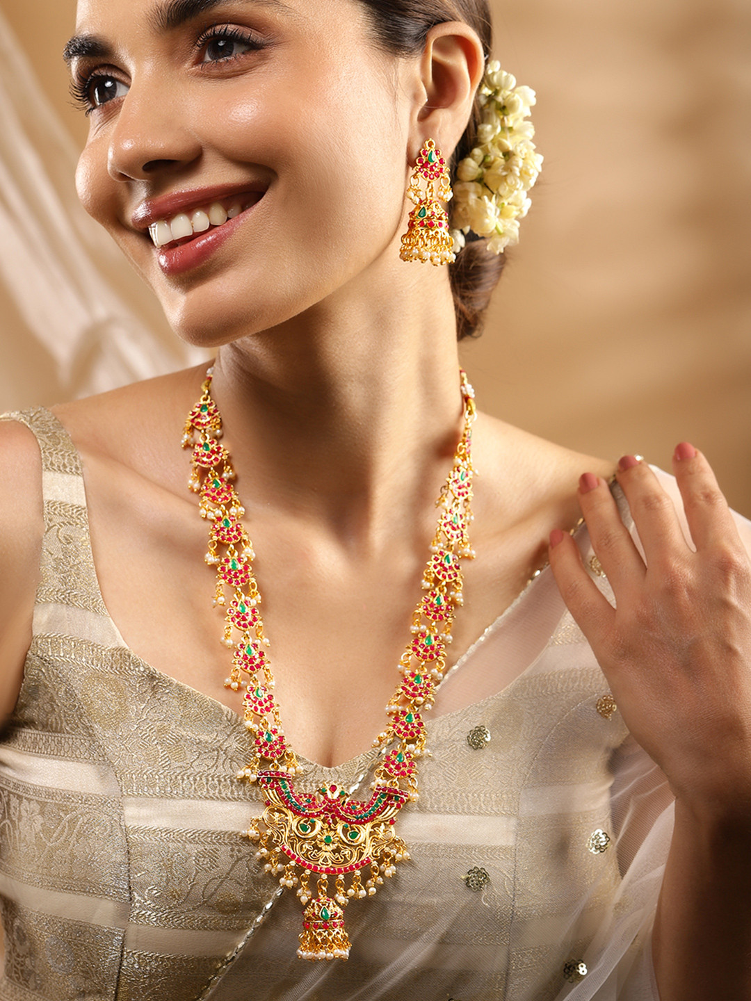 Rubans 22K Gold-Plated Long Jewellery Set with Ruby Red & Emerald Green and Pearl Beads