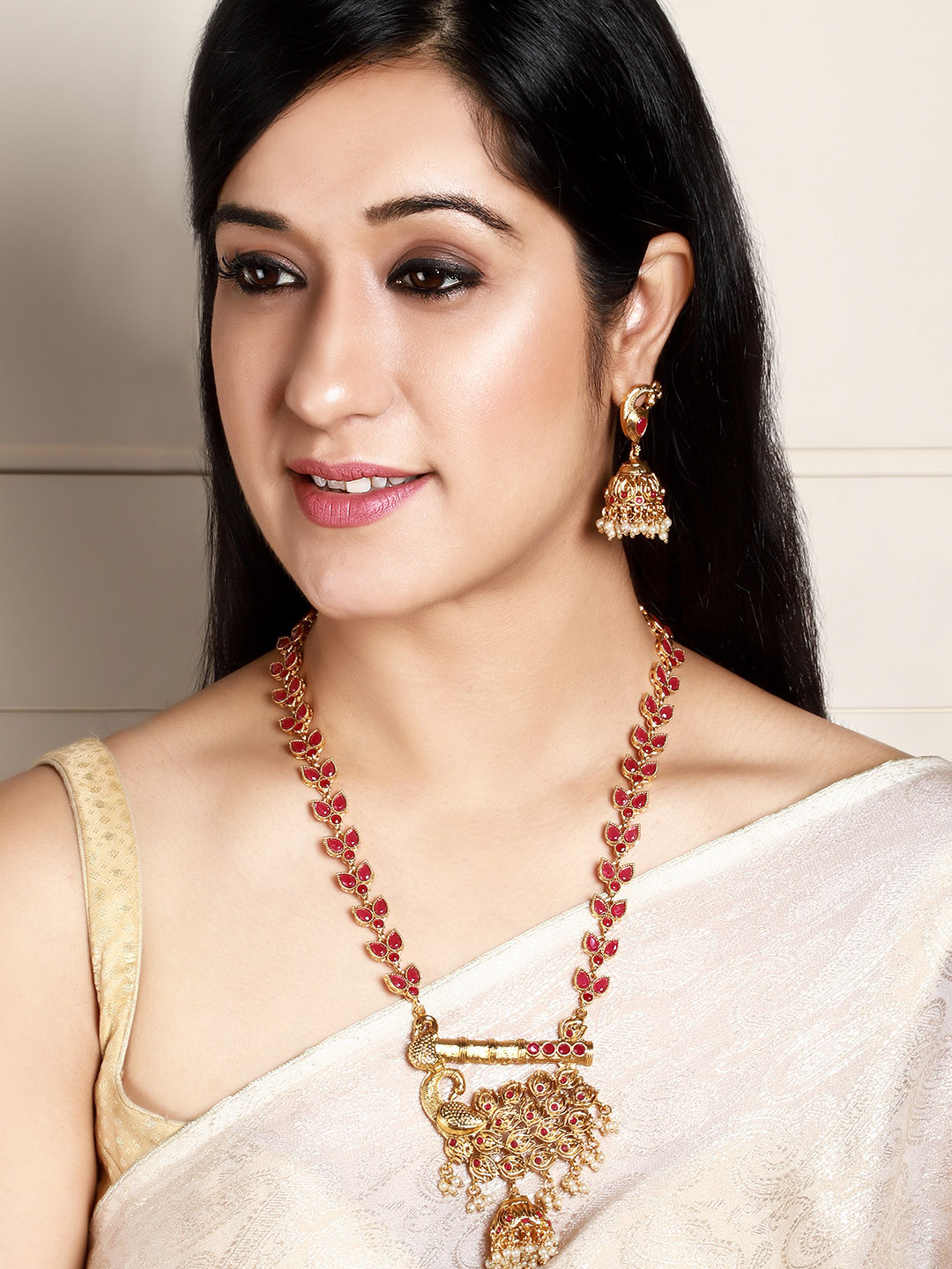 Rubans Women Gold-Plated & Pink Handcrafted Faux Ruby Studded Jewellery Set