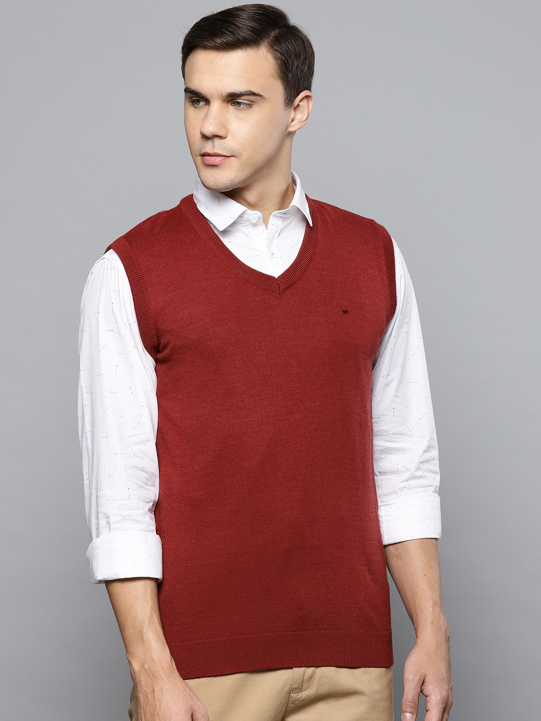 Louis Philippe Men Rust Red Solid Sweater Vest