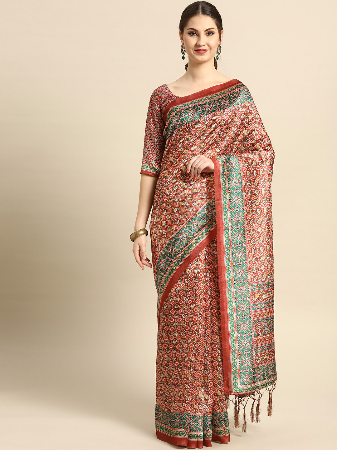 Saree mall Red & White Printed Patola Saree