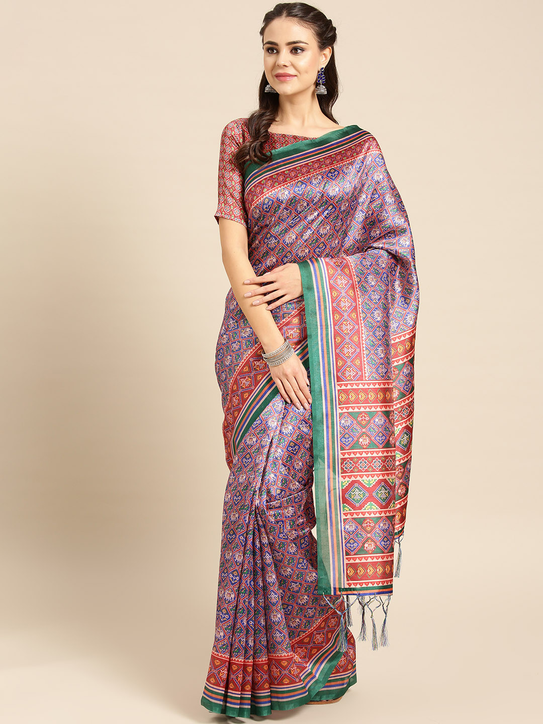 Saree mall Blue & Red Printed Patola Saree