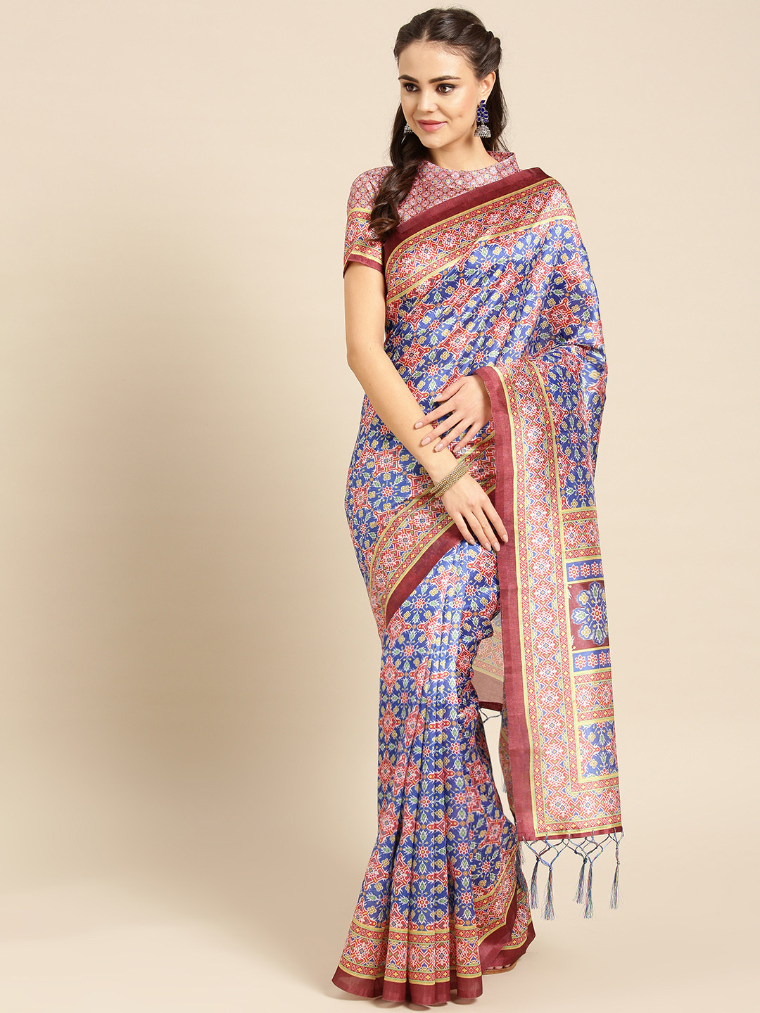Saree mall Blue & Red Printed Patola Saree