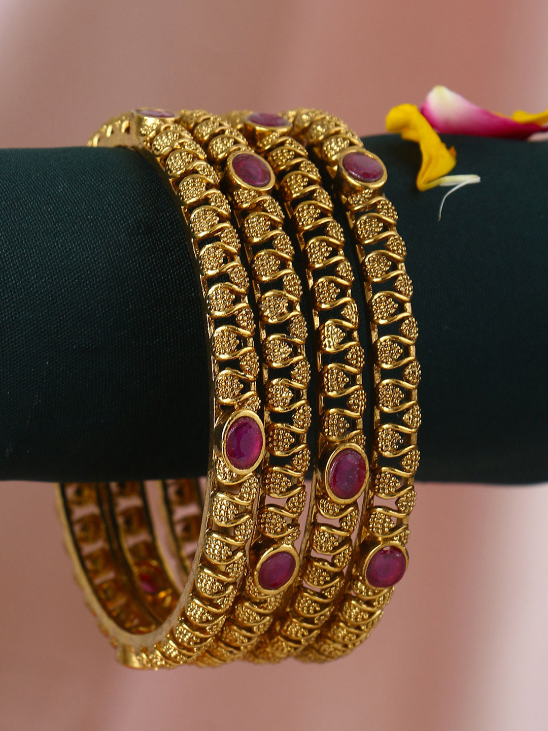 Adwitiya Collection Set Of 4 Gold-Plated & Pink Embellished Designer Bangles
