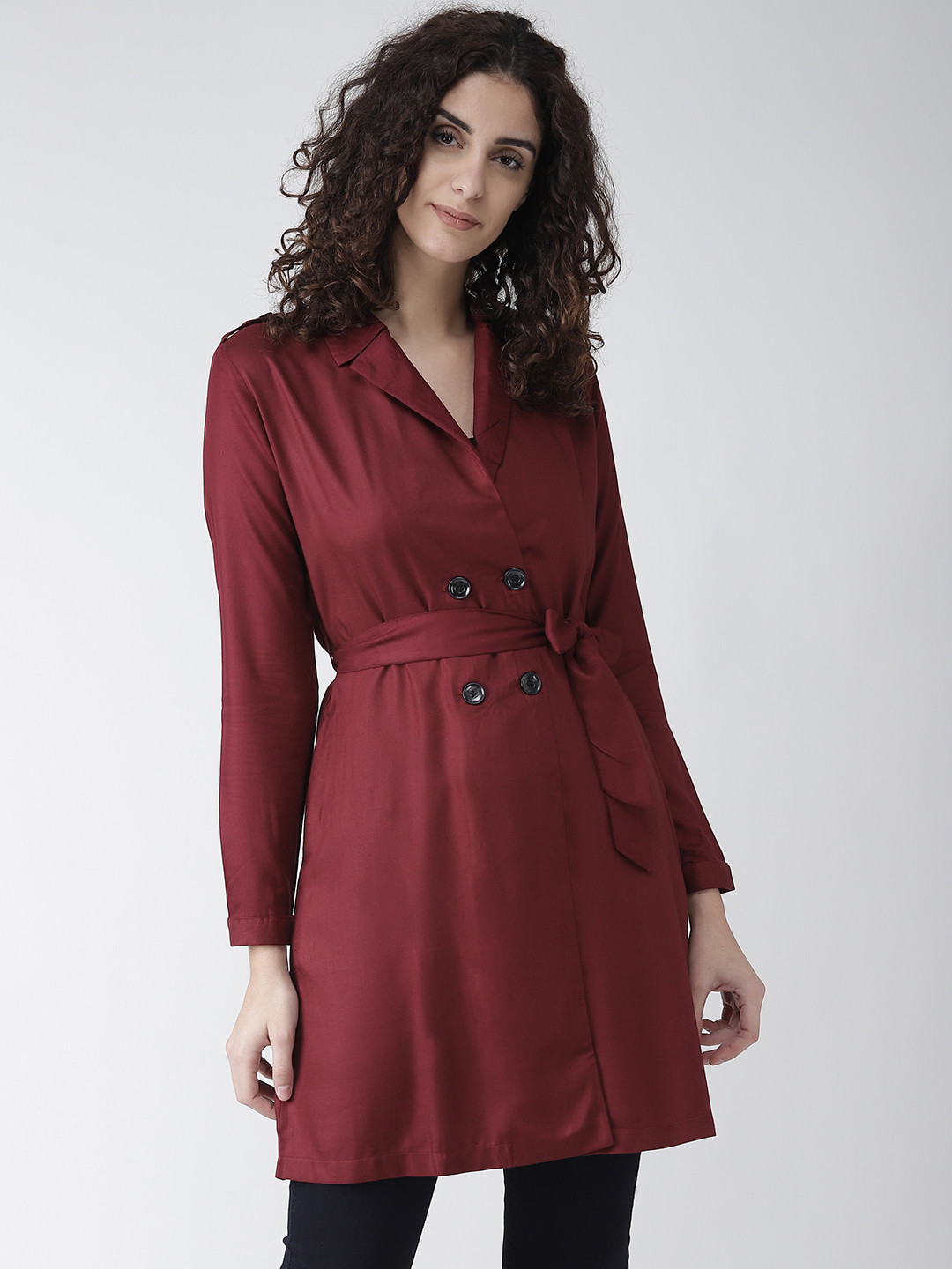 Style Quotient Women Burgundy Solid Double-Breasted Overcoat