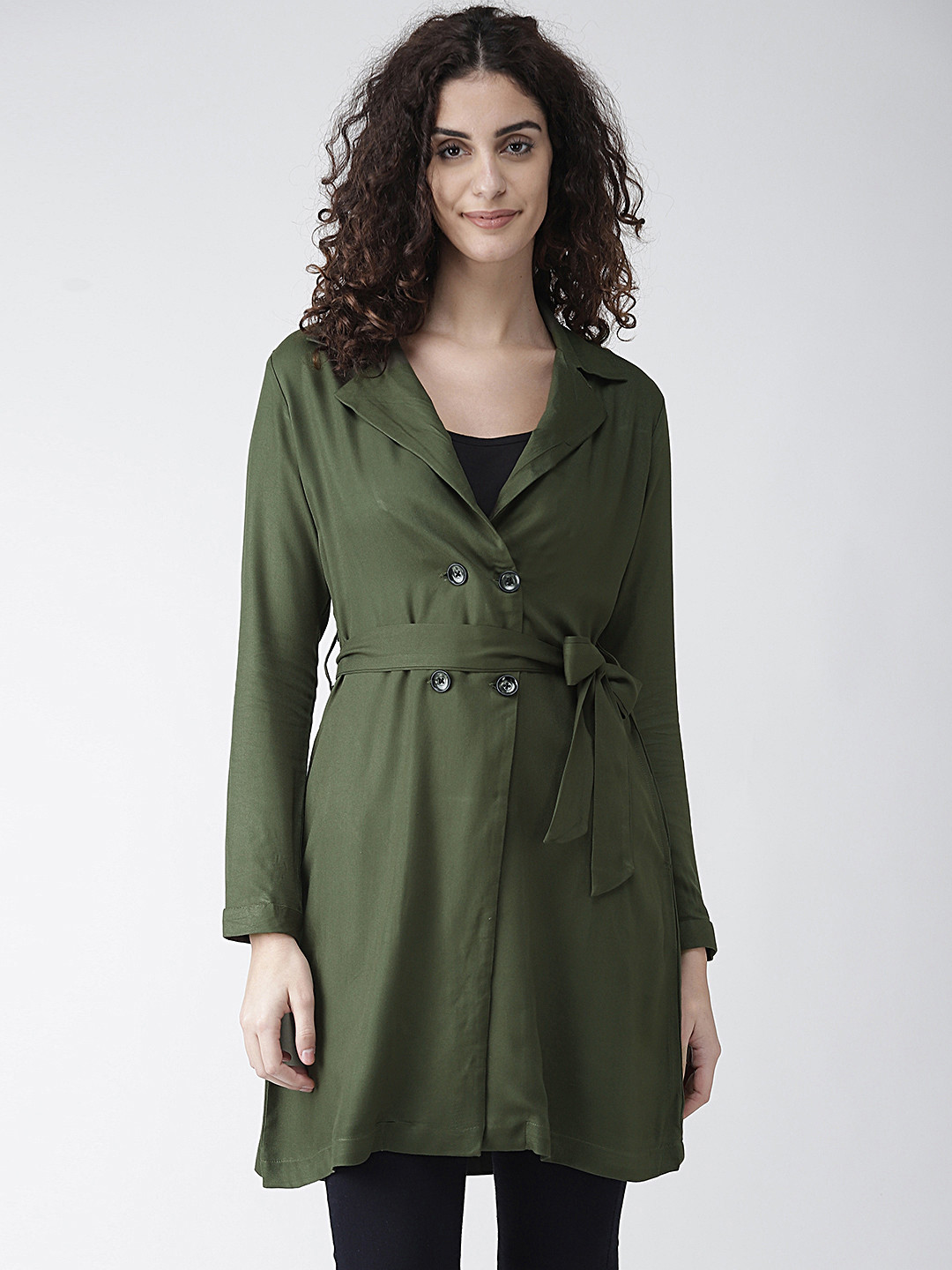 Style Quotient Women Olive Green  Solid Double-Breasted Overcoat