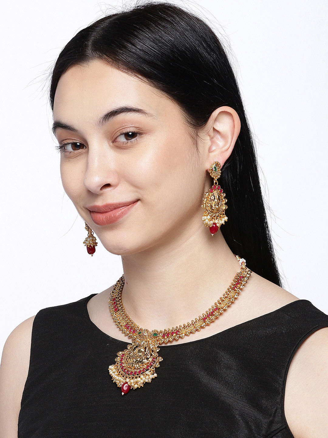 ASMITTA JEWELLERY Gold-Plated & Red Stone Studded Temple Jewellery Set