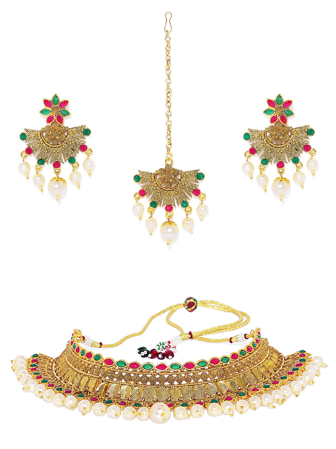 ASMITTA JEWELLERY Gold-Plated & Green Jewellery Set With Maangtika