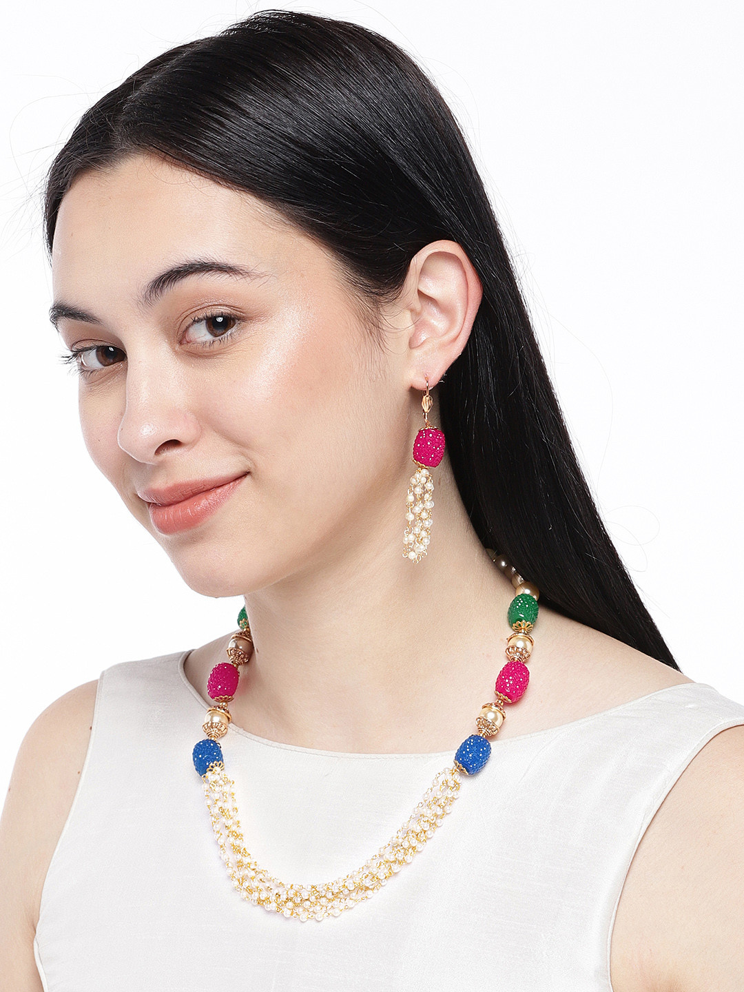 ASMITTA JEWELLERY Gold-Plated & White Multistanded Antique Jewellery Set