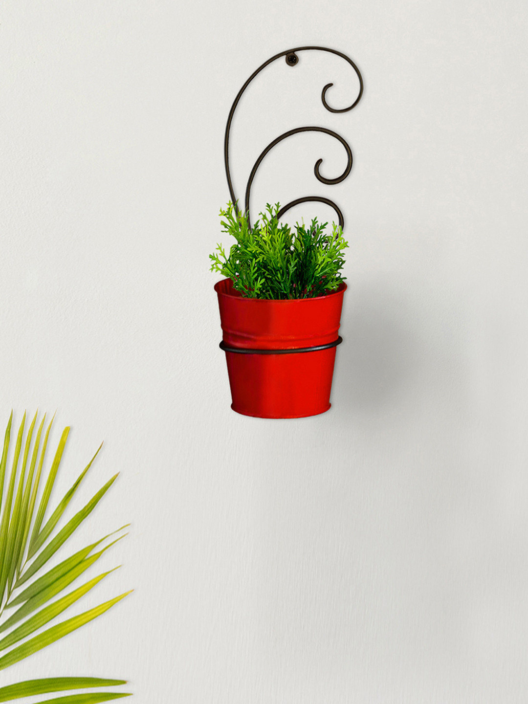 ExclusiveLane Red Bucket Iron Wall Planter Pots with Curved Holder