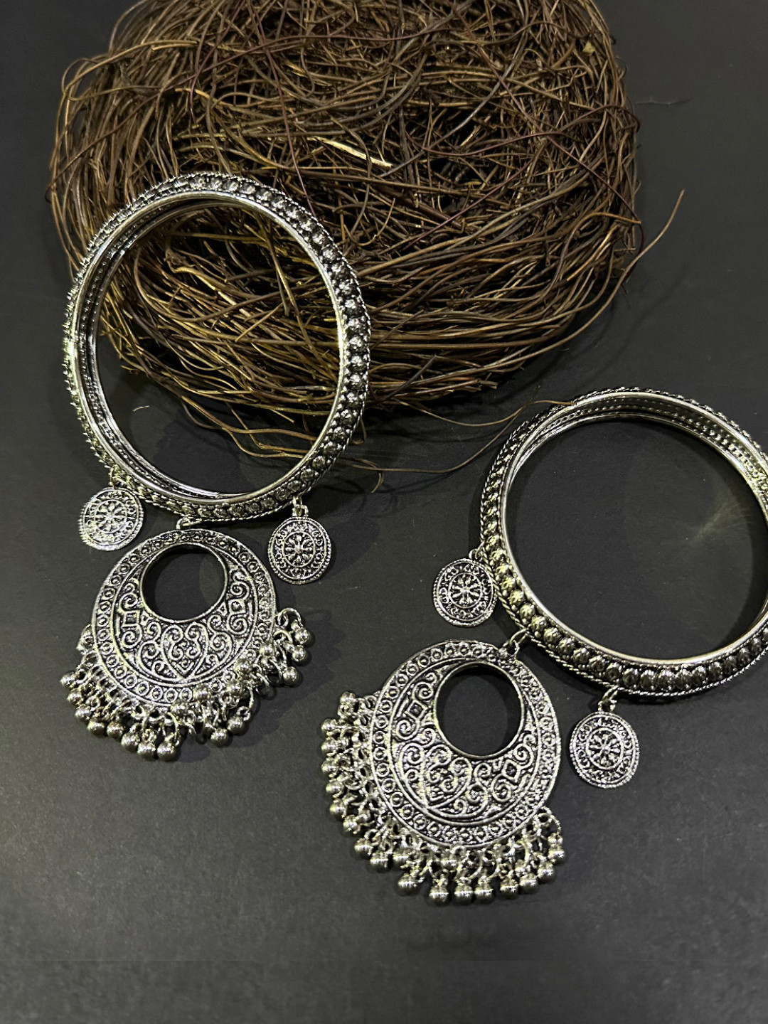 ASMITTA JEWELLERY Set Of 2 Silver-Plated Oxidised Bangles