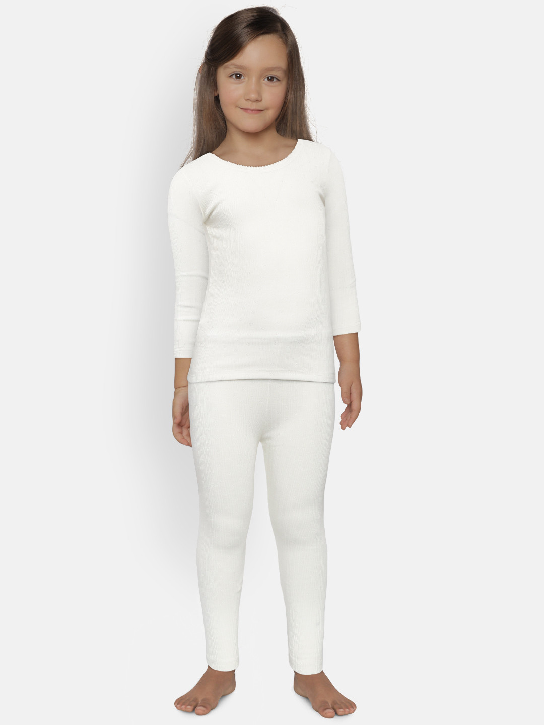 Kanvin Girls White Self Design Thermal Set