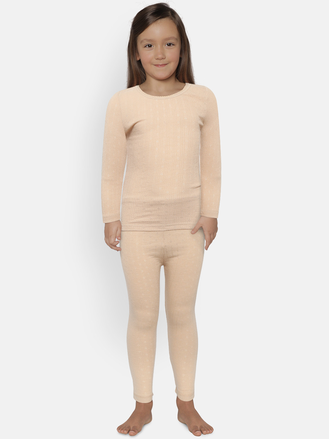 Kanvin Girls Beige Self Design Thermal Set