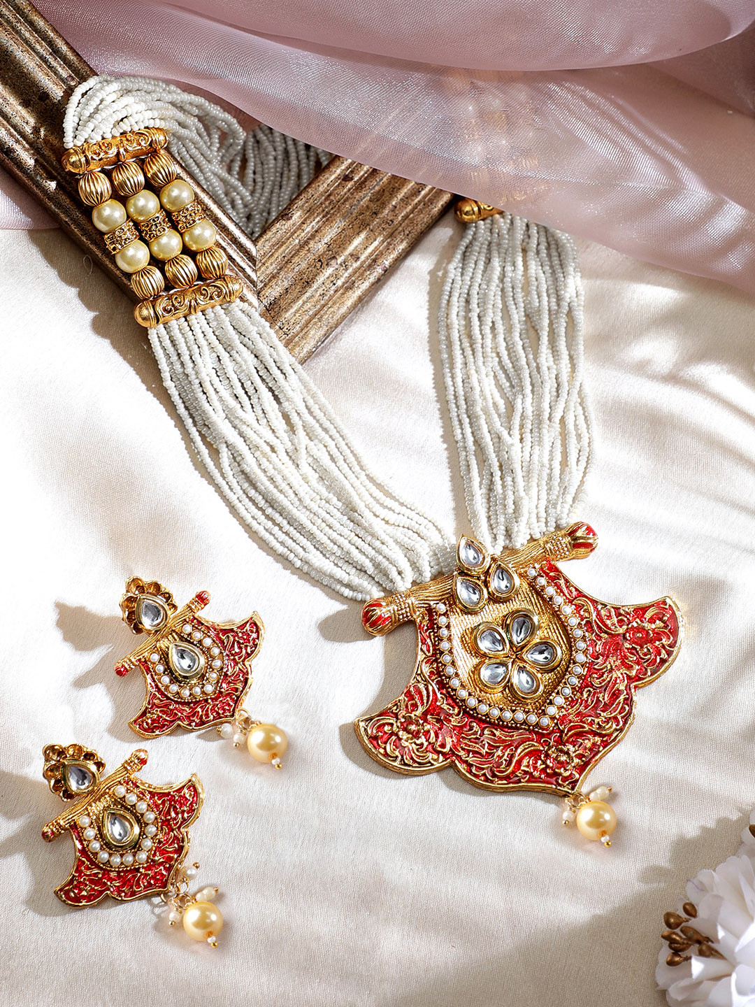 Rubans 18K Gold Plated Red Enamelld Kundan Studded Pearl Beaded Multistrand Jewellery Set