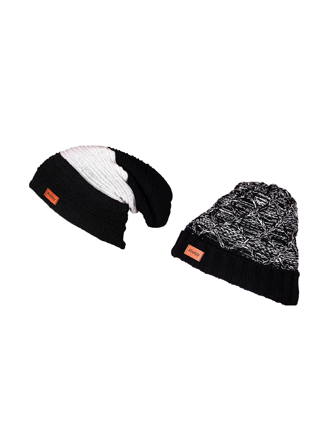Knotyy Men Pack Of Two Black & Off-White Solid Beanie
