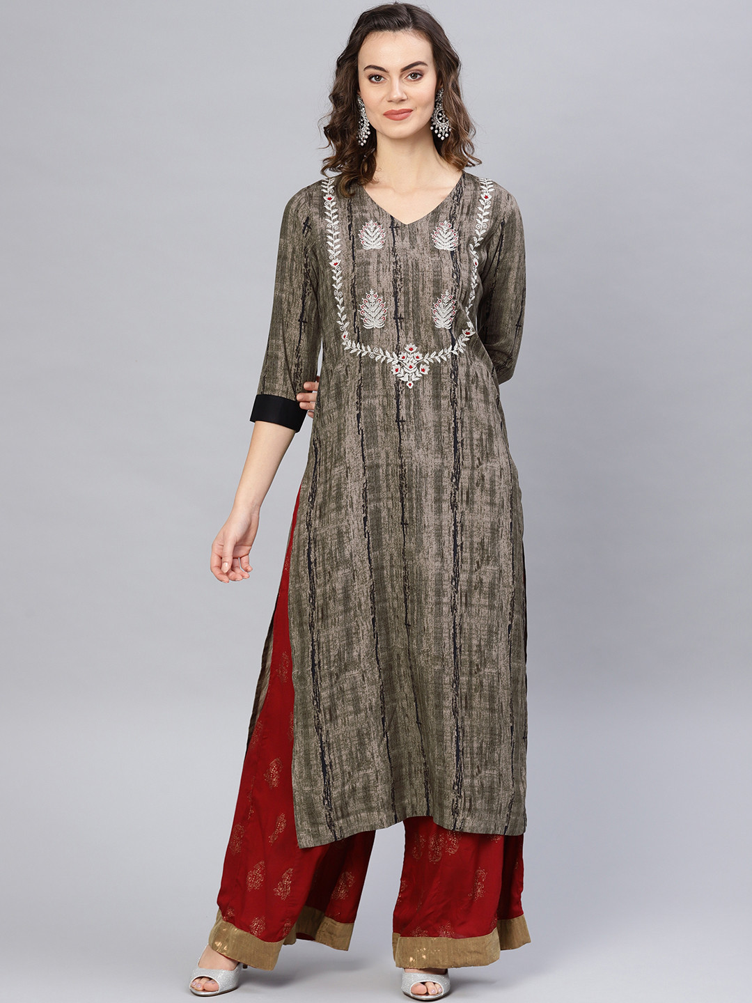 Pannkh Women Taupe & Charcoal Grey Block Print Straight Kurta