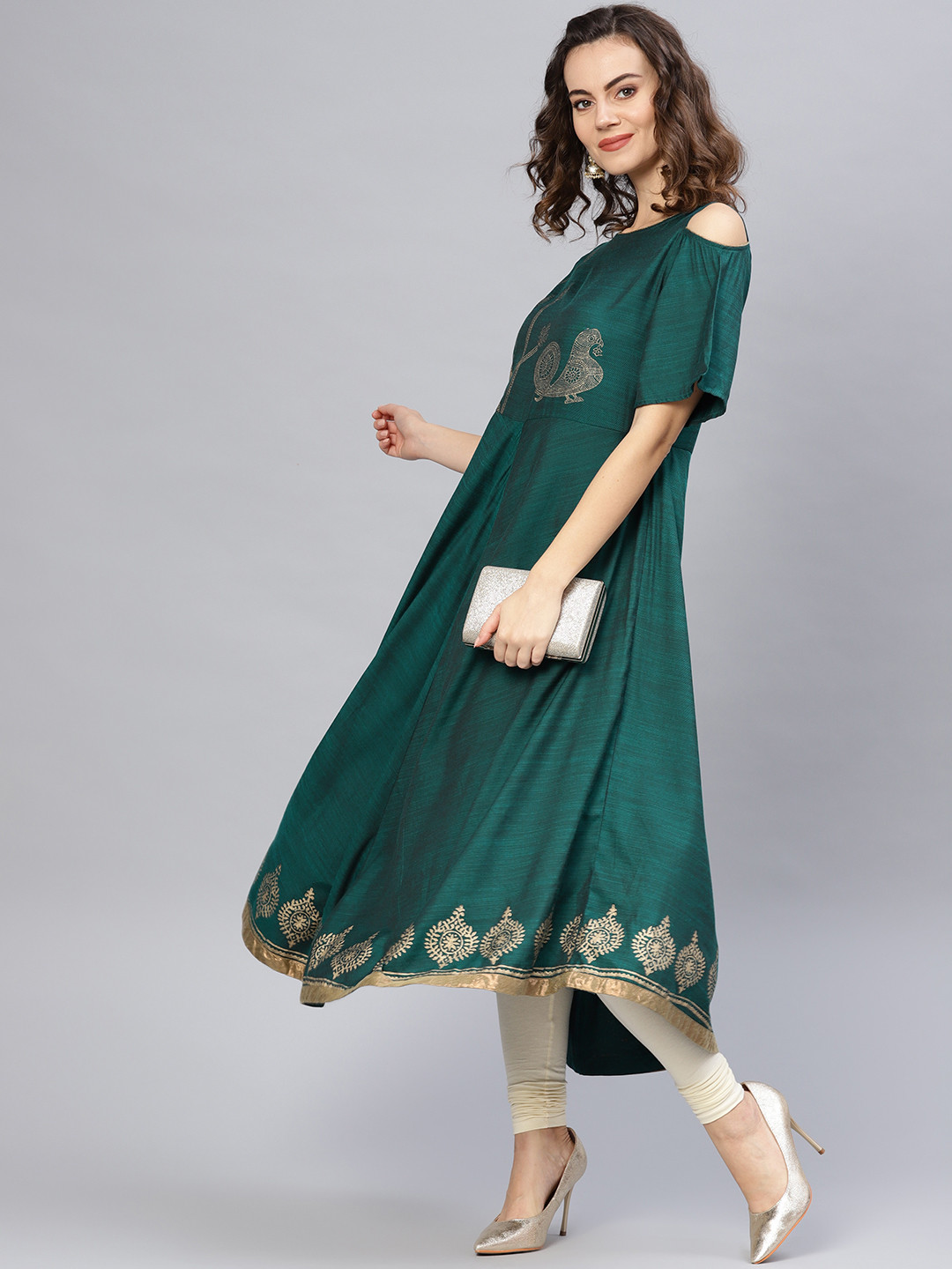 Pannkh Women Green Cold Shoulder Quirky Block Print Yoke Design Anarkali Kurta