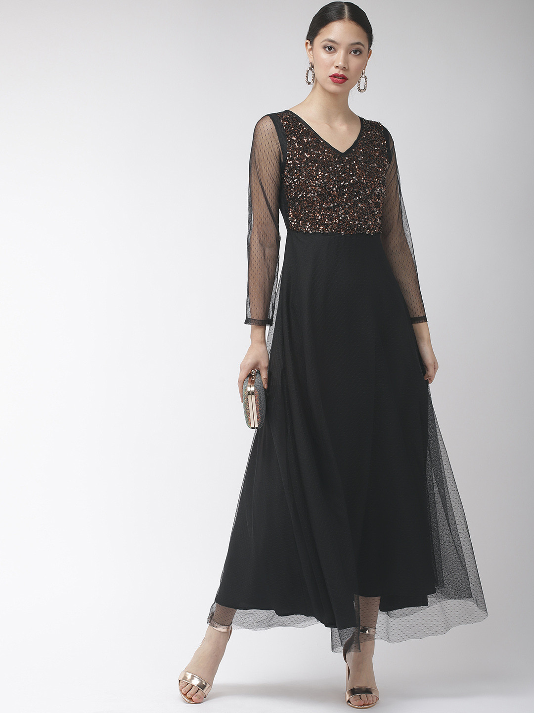 Antheaa Black Embellished Maxi Party Dress