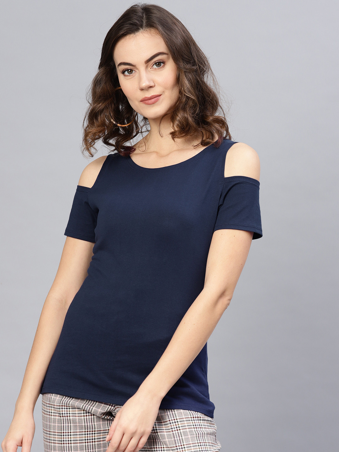 Pannkh Women Navy Blue Cold-Shoulder Solid Regular Top