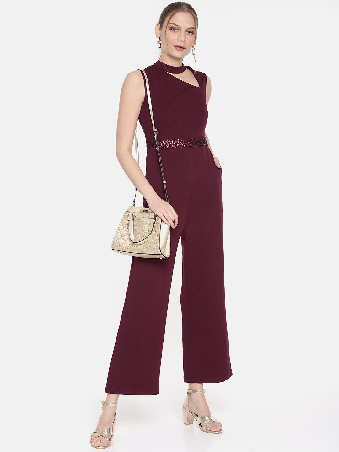Miss Chase Burgundy Solid Stylised Neck Party Jumpsuit