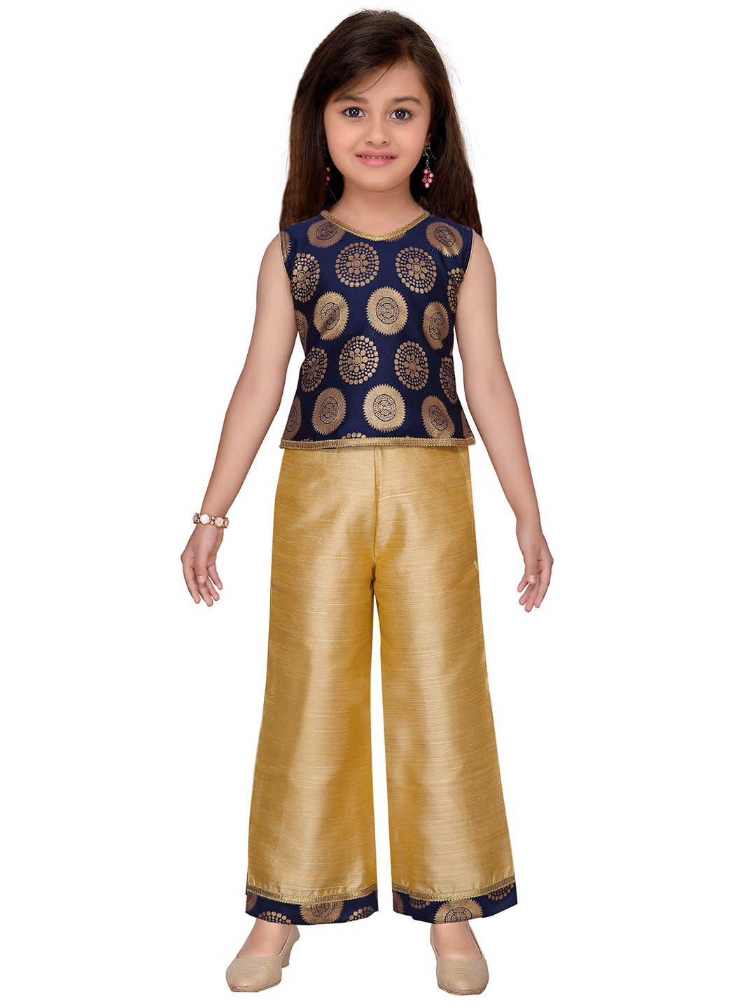 ADIVA Girls Navy Blue & Gold-Toned Printed Top with Palazzos