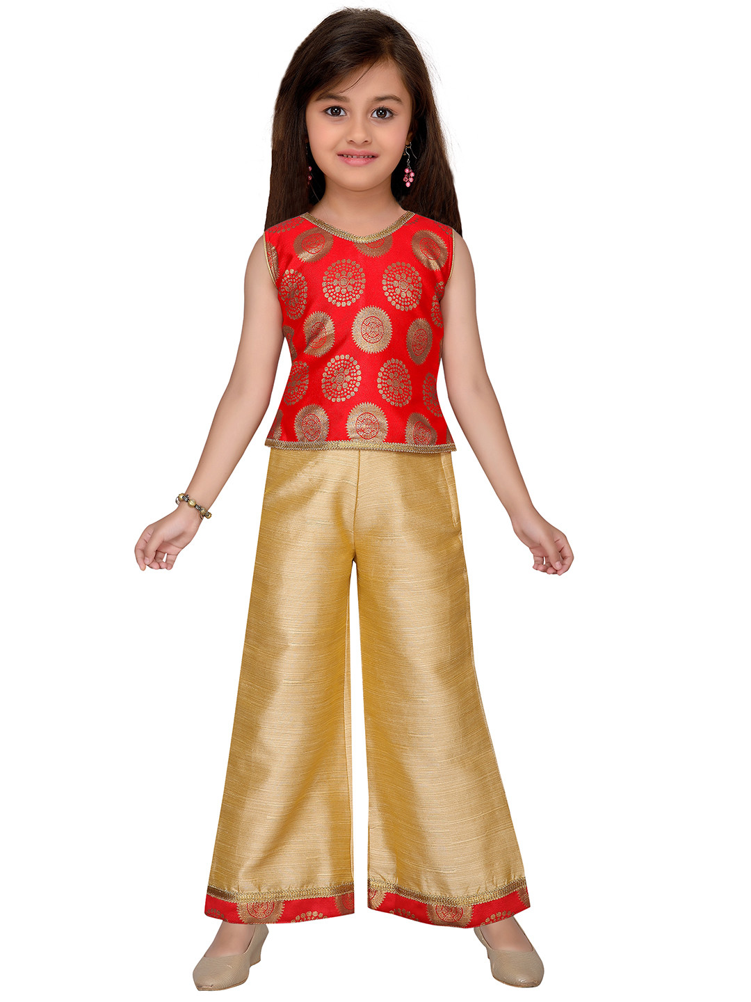 ADIVA Girls Red & Gold-Toned Printed Top with Palazzos
