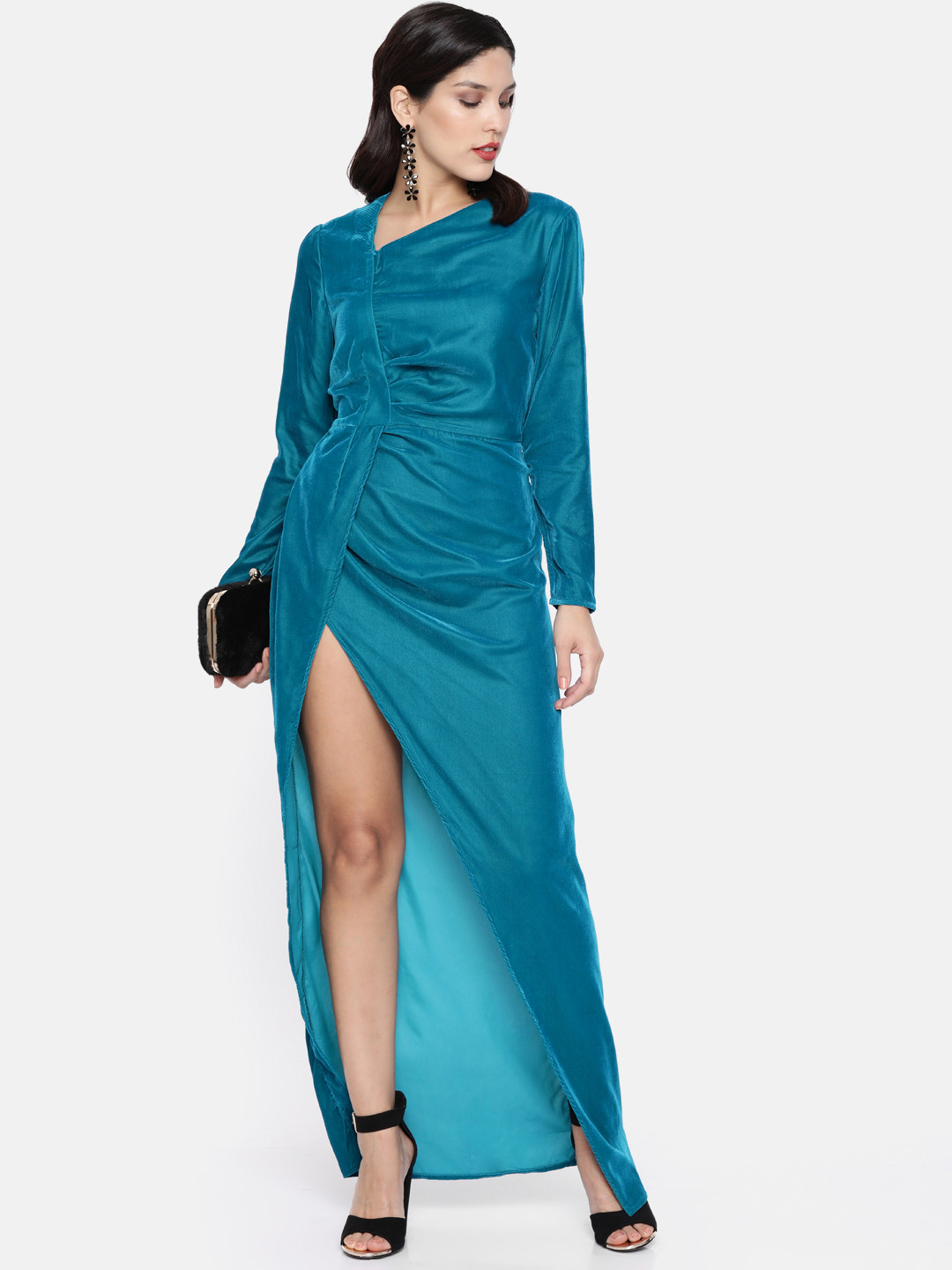Buy DODO MOA Teal Blue Velvet Draped Maxi Dress Dresses for - Main Image