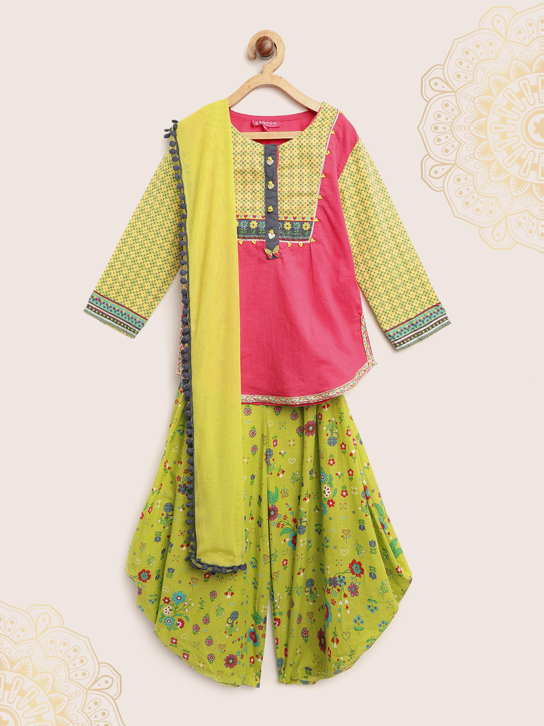 Biba Girls Pink & Green Yoke Design Kurti with Palazzos & Dupatta