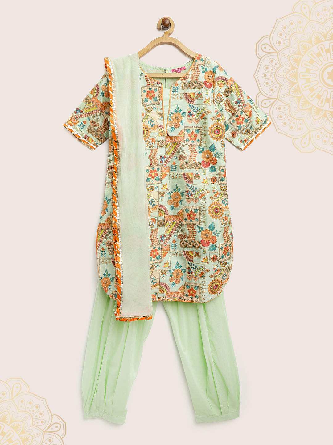 Biba Girls Mint Green & Orange Printed Kurta with Salwar & Dupatta